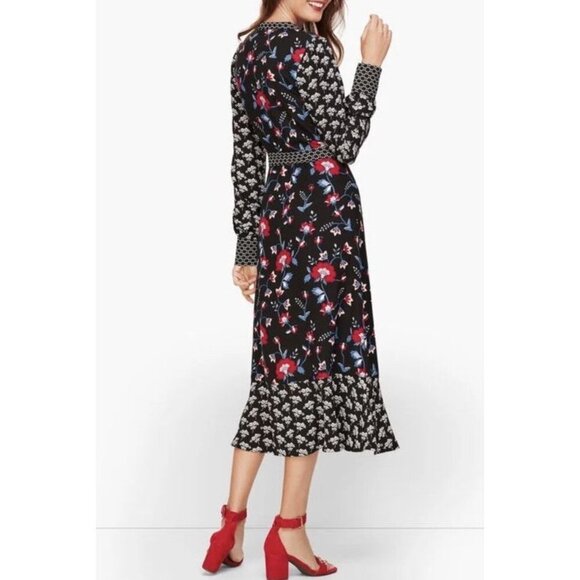 Talbots Sz 10 Dress Mixed Floral Crepe Black Blue Classic Office Boho Midi - Picture 2 of 7